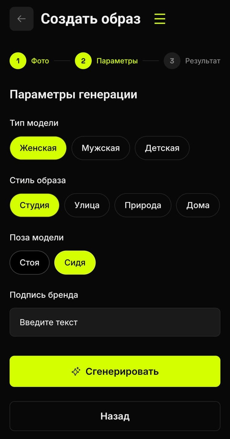 Экран приложения — выбор параметров модели и стиля